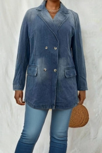 Blue Casual Solid Patchwork Buckle Turn-back Collar Long Sleeve Regular Denim Jacket