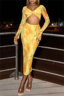Yellow Sexy Casual Print Patchwork V Neck Long Sleeve Two Pieces