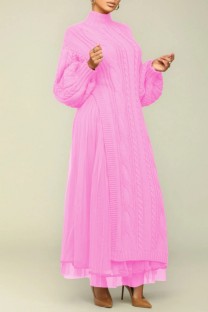 Pink Casual Solid Patchwork With Belt Turtleneck Long Sleeve Two Pieces