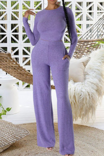 Light Purple Casual Solid Patchwork Pocket O Neck Long Sleeve Two Pieces