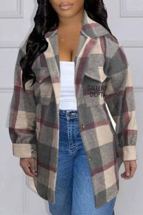Dark Gray Street Striped Print Letter Turndown Collar Tops