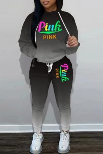 Black Casual Gradual Change Letter Print Basic Hooded Collar Long Sleeve Two Pieces