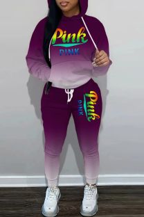 Purple Casual Gradual Change Letter Print Basic Hooded Collar Long Sleeve Two Pieces
