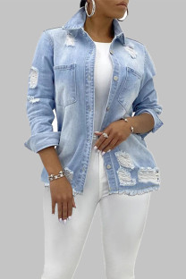 Baby Blue Street Solid Ripped Patchwork Pocket Buckle Turndown Collar Long Sleeve Regular Denim Jacket