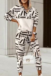Apricot Elegant Print Patchwork V Neck Three Quarter Two Pieces