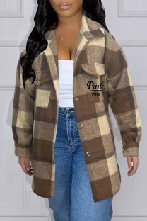Dark Brown Street Striped Print Letter Turndown Collar Tops