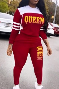 Red Casual Letter Print Patchwork Hooded Collar Long Sleeve Two Pieces