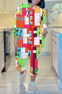 Multicolor Casual Print Basic O Neck Long Sleeve Two Pieces