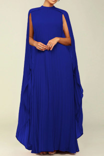 Colorful Blue Street Solid Patchwork Pleated O Neck Long Dress Dresses