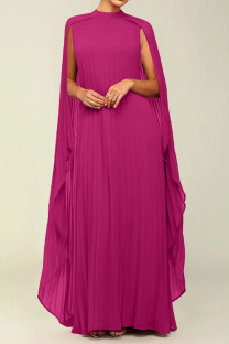 Rose Red Street Solid Patchwork Pleated O Neck Long Dress Dresses