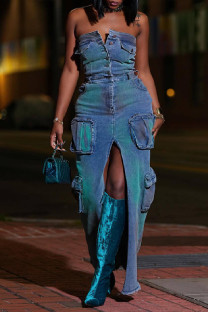 Light Blue Sexy Casual Patchwork Buttons Backless Slit Strapless Sleeveless Skinny Denim Dresses