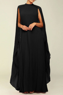 Black Street Solid Patchwork Pleated O Neck Long Dress Dresses
