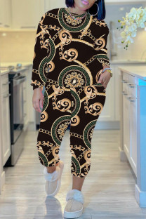 Black Casual Print Basic O Neck Long Sleeve Two Pieces