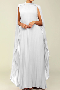 White Street Solid Patchwork Pleated O Neck Long Dress Dresses