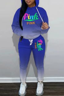 Blue Casual Gradual Change Letter Print Basic Hooded Collar Long Sleeve Two Pieces