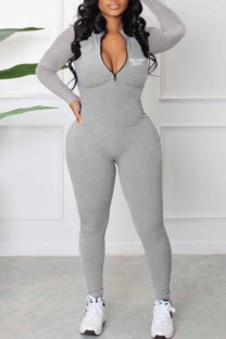 Light Gray Sportswear Print Letter Zipper Collar Jumpsuits