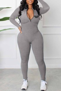 Dark Gray Sportswear Print Letter Zipper Collar Jumpsuits
