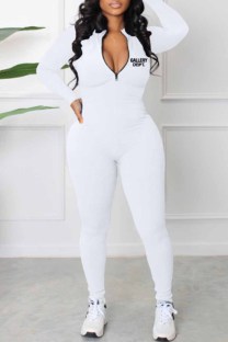 White Sportswear Print Letter Zipper Collar Jumpsuits