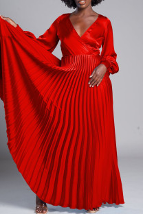 Red Elegant Solid Patchwork Pleated V Neck A Line Dresses