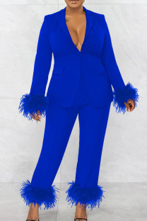 Blue Elegant Solid Tassel Patchwork V Neck Long Sleeve Two Pieces