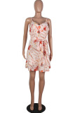 Fashion Sexy Print Backless Flounce V Neck Sling Dresses