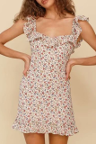 Fashion Sweet Floral Split Joint Flounce Square Collar Dresses