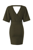 Fashion Elegant Solid Split Joint With Belt V Neck Wrapped Skirt Dresses