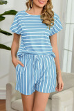 Fashion Casual Striped Split Joint O Neck Short Sleeve Two Pieces