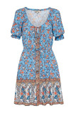 Fashion Casual Print Split Joint V Neck Pleated Dresses