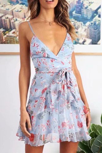 Fashion Sweet Print Frenulum V Neck Printed Dresses