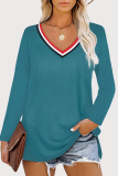 Casual Patchwork Slit Basic V Neck Tops