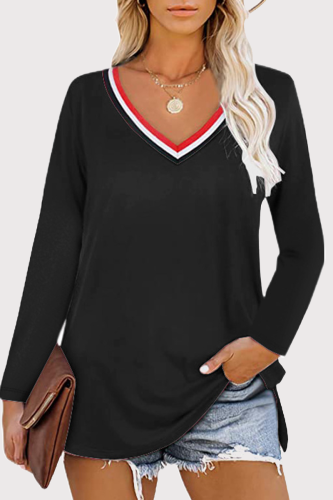 Casual Patchwork Slit Basic V Neck Tops