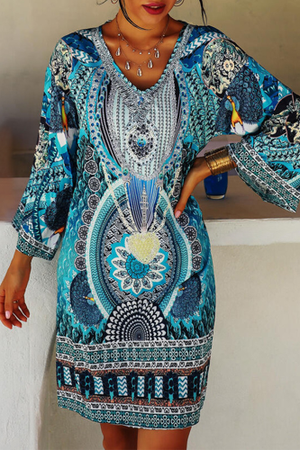 Casual Print Split Joint V Neck A Line Dresses