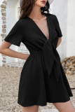 Fashion Elegant Solid Split Joint Strap Design V Neck Dresses