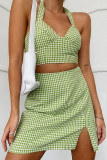 Fashion Sexy Plaid Split Joint V Neck Sleeveless Two Pieces