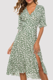Fashion Elegant Floral Frenulum Flounce Slit V Neck A Line Dresses