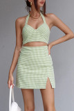 Fashion Sexy Plaid Split Joint V Neck Sleeveless Two Pieces