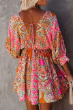 Fashion Sweet Print Split Joint V Neck A Line Dresses