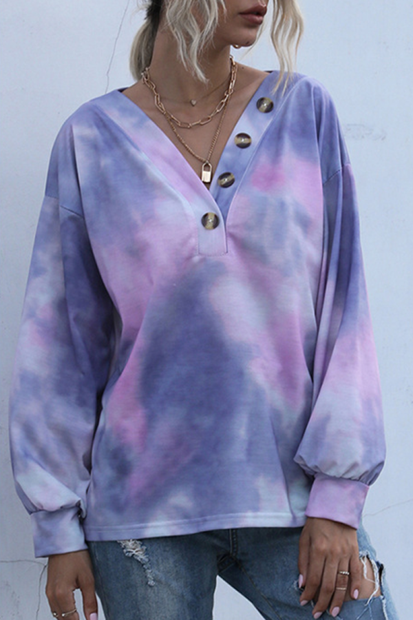 Casual Tie Dye Buckle V Neck Tops
