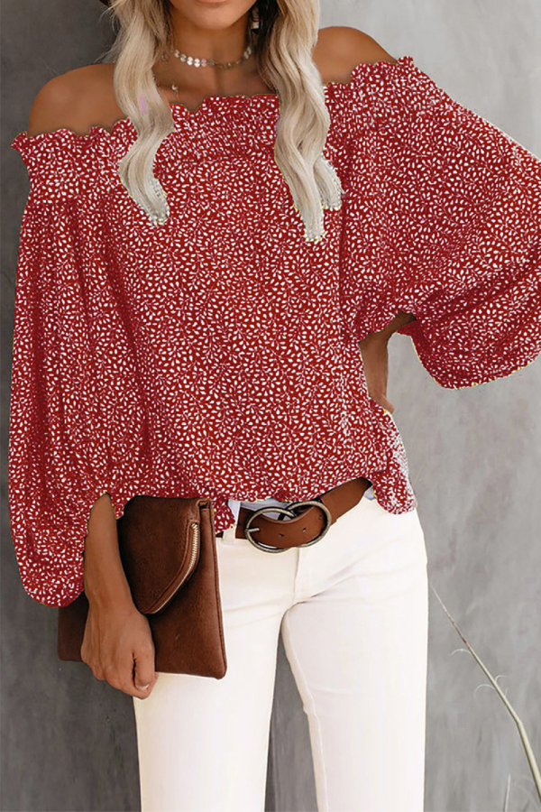 Elegant Print Split Joint Stringy Selvedge Off the Shoulder Tops