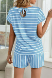 Fashion Casual Striped Split Joint O Neck Short Sleeve Two Pieces