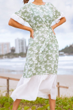 Elegant Floral Split Joint With Belt O Neck A Line Dresses