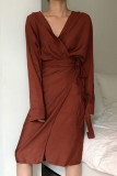Fashion Street Solid Bandage Split Joint V Neck Irregular Dress Dresses