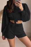 Casual Solid Split Joint Draw String Hooded Collar Long Sleeve Two Pieces