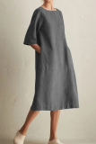 Casual Solid Split Joint Pocket O Neck A Line Dresses