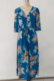 Fashion Vacation Print Split Joint V Neck Waist Skirt Dresses