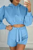 Casual Solid Split Joint Draw String Hooded Collar Long Sleeve Two Pieces