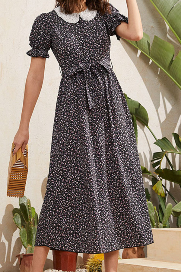 Fashion Street Print Split Joint O Neck Waist Skirt Dresses