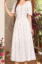 Fashion Street Print Frenulum V Neck Waist Skirt Dresses