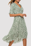 Fashion Elegant Floral Frenulum Flounce Slit V Neck A Line Dresses